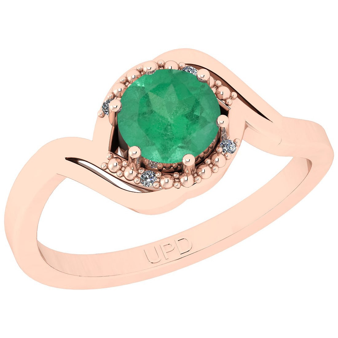 0.74 Ctw SI2/I1 Emerlad And Diamond 14K Rose Gold Ring: Center Stone Weight : 0.72 Ctw (Round Cut) Center Stone Color :-Emerlad Center Stone Setting : Prong Side Stone Weight Of Ctw 0.02 Ctw Side Stone Color : J-K Stone Clarity : SI2/I1 Stone Setting :