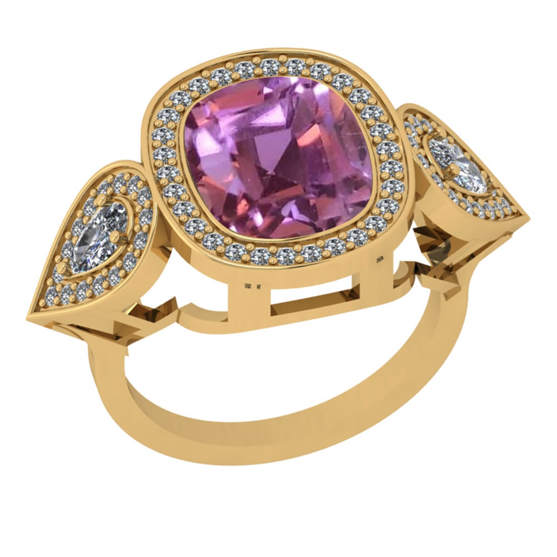 6.48 Ctw I2/I3 Kunzite And Diamond 14K Yellow Gold Cocktail Ring: Center Stone Weight : 5.50 Ctw (Cushion Cut ) Center Stone Color : Kunzite Stone Setting : Prong Side Stone Weight Of Ctw 0.98 Ctw Side Stone Color : J-K Stone Clarity : I2/I3 Stone Setting : Prong