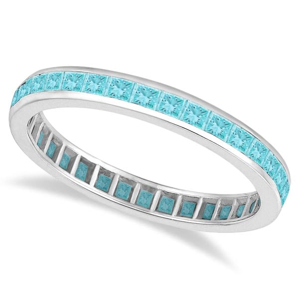 Princess-Cut Aquamarine Eternity Ring Band 14k White Gold 1.36ctw: CENTER STONE; Aquamarine CENTER STONE CLARITY; CENTER STONE COLOR; Blue CENTER STONE SETTING; Channel SIDE STONE CLARITY; SIDE STONE COLOR; SIDE STONE SETTING; ctw OF SIDE STONE: SIDE STONE QUALITY;