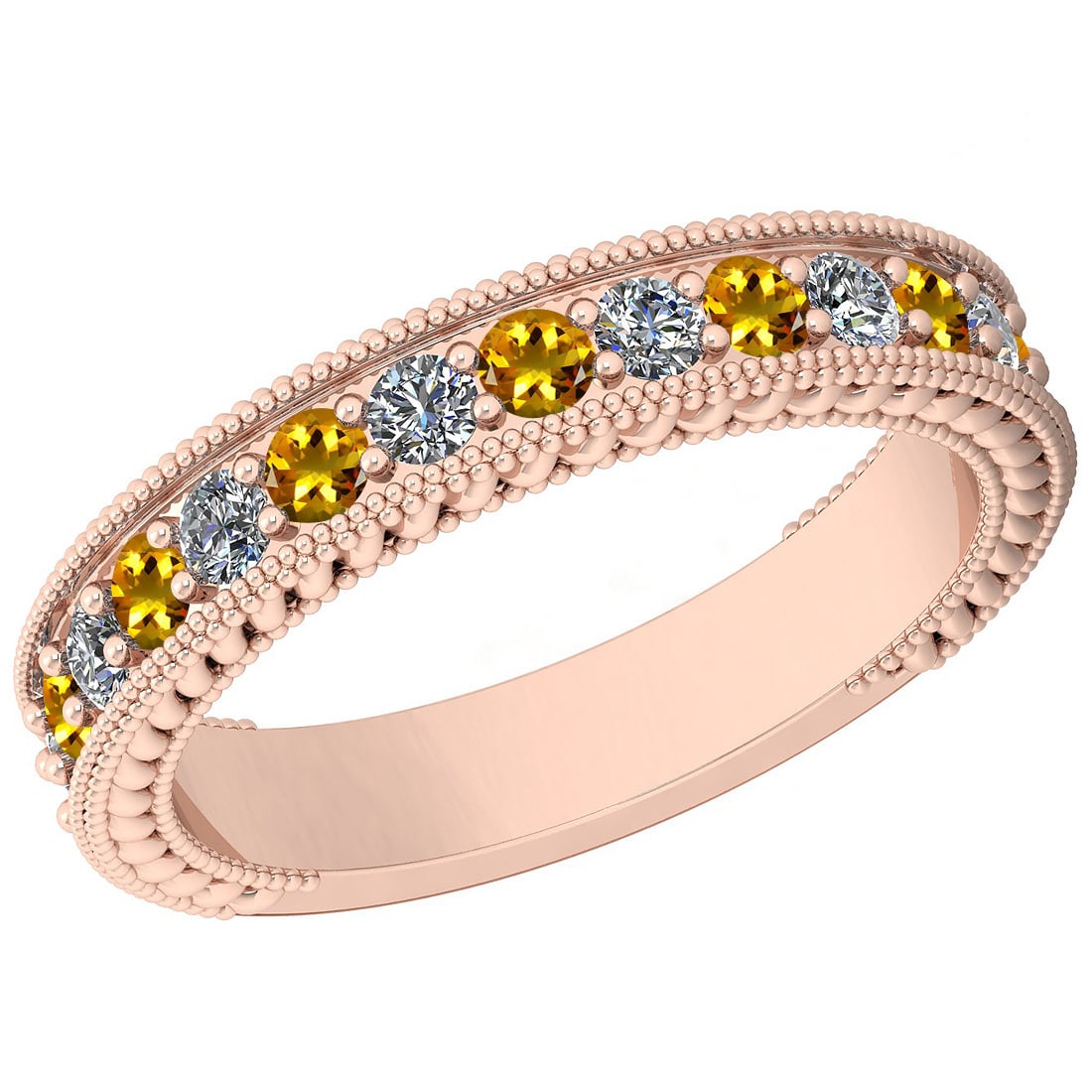 0.83 Ctw SI2/I1 Yellow Sapphire And Diamond 14K Rose Gold Filigree Band Rin: Center Weight : 0.44 Ctw ( Round Cut ) Center Color :- Yellow Sapphire Stone Setting : Prong Side Stone Weight Of Ctw 0.39 Ctw Side Stone Color : J-K Stone Clarity : SI2/I1 Stone Setting : Prong