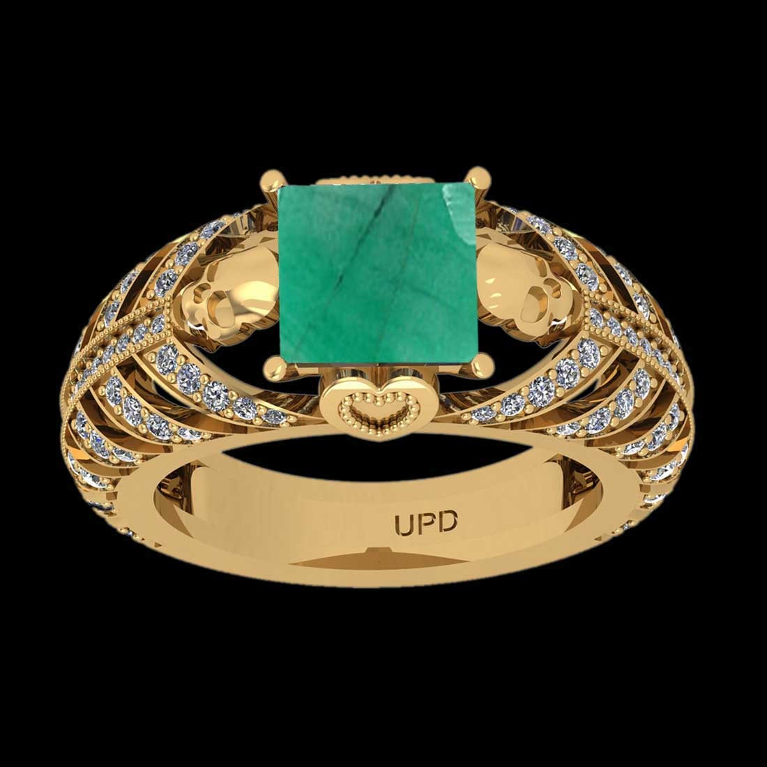 2.76 Ctw VS/SI1 Emerald And Diamond Prong Set 14K Yellow Gold Skull Ring: Center Stone Weight : 2.00 Ctw ( Princess Cut) Center stone Color :- Emerald Center Stone Setting : Prong Side Stone Weight Of Ctw 0.76 Ctw Side Stone Color : J-K Stone Clarity :VS/SI1 Stone Setting