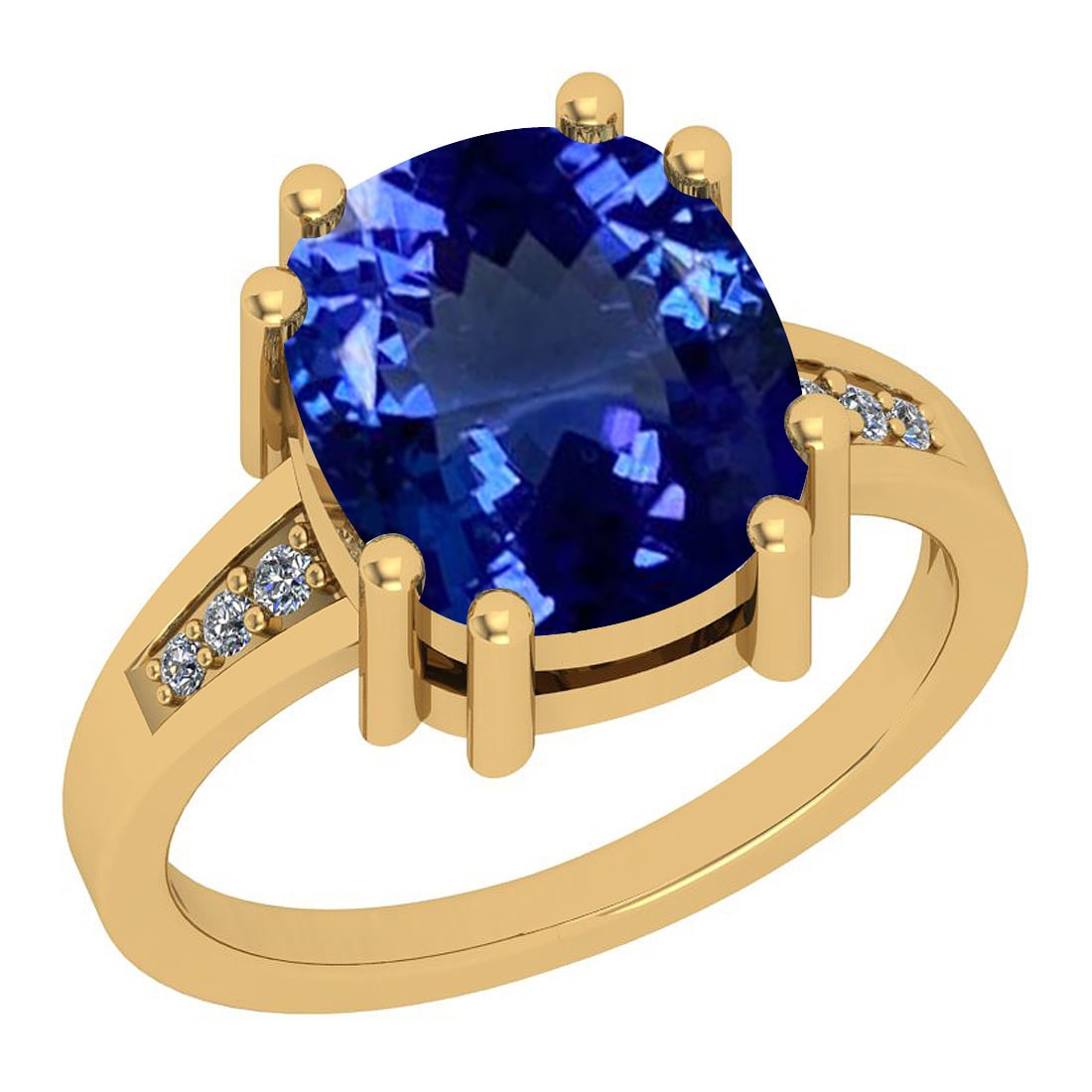 Certified 5.24 Ctw VS/SI1 Tanzanite And Diamond 14k Yellow Gold Vintage Sty: Center Approx Weight: 5.18 Ctw (Cushion Cut) Center Color: Tanzanite Center Stone Setting: Prong Side Stone 0.06 Ctw Side Stone Color: J-K Stone Clarity: VS/SI1 Stone Setting: Prong Metal Approx