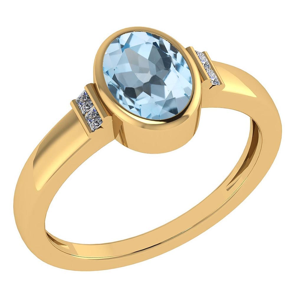 Certified 1.28 Ctw Aquamarine And Diamond 18k Yellow Gold Ring (G-H VS/SI1): Center Stone Weight ; 1.25 Ctw (1 Pcs Oval) Center Stone: Aquamarine Center Stone Setting ; Prong Side Stone (1.6 mm 4Pcs Princess Diamond) 0.06 ctw Side Stone Color: White G-H Diamond Side Stone