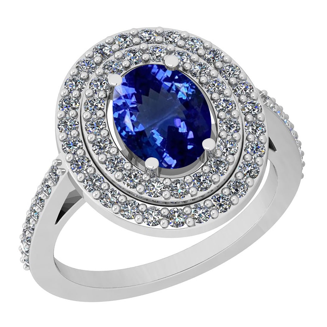 Certified 2.79 Ctw VS/SI1 Tanzanite And Diamond 14K White Gold Vintage Styl: Center Stone Approx Weight: 2.00 Ctw (Oval Cut) Center Stone Color: Tanzanite Center Stone Setting: Prong Side Stone 0.79 Ctw Side Stone Color: G-H Stone Clarity: VS/SI1 Stone Setting: Prong Metal