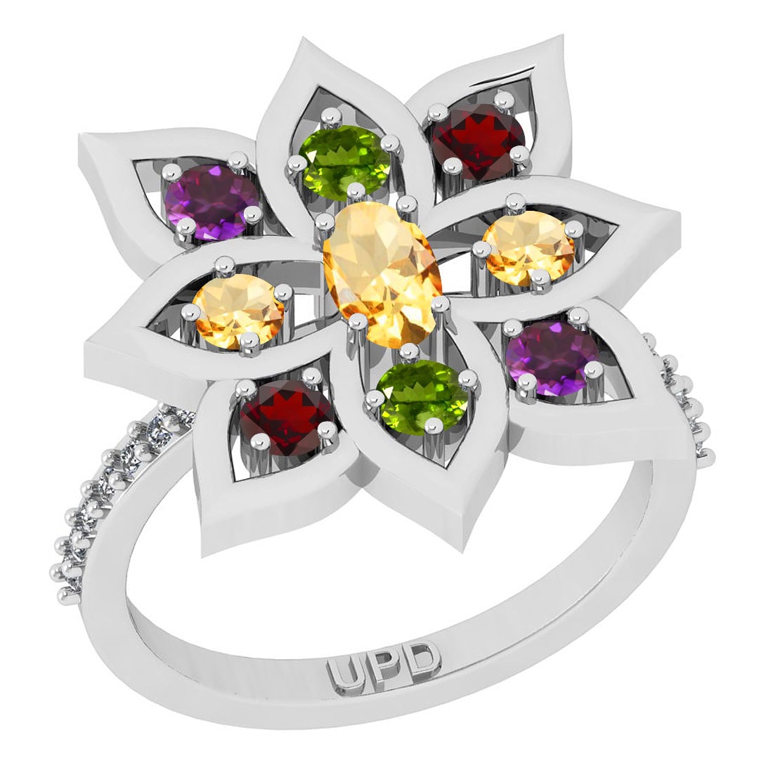 1.67 Ctw I2/I3 Multi Stone And Diamond 10K White Gold Multi Flower Ring: Multi Stone Weight : 1.50 Ctw ( Oval & Round Cut) Multi Stone Color :-Amethyst,Garnet,Peridot,Citrine Multi Stone Setting : Prong Side Stone Weight Of Ctw 0.17 Ctw Side Stone Color : J-K Stone