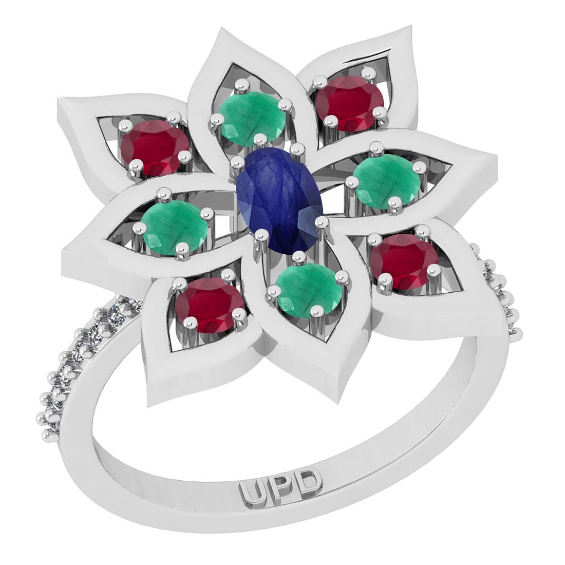 1.67 Ctw SI2/SI1 Multi Stone And Diamond 14K White Gold Multi Flower Ring: Multi Stone Weight : 1.50 Ctw ( Oval & Round Cut) Multi Stone Color :-Emerald,Ruby,Blue Sapphire Multi Stone Setting : Prong Side Stone Weight Of Ctw 0.17 Ctw Side Stone Color : G-H Stone Clarity :
