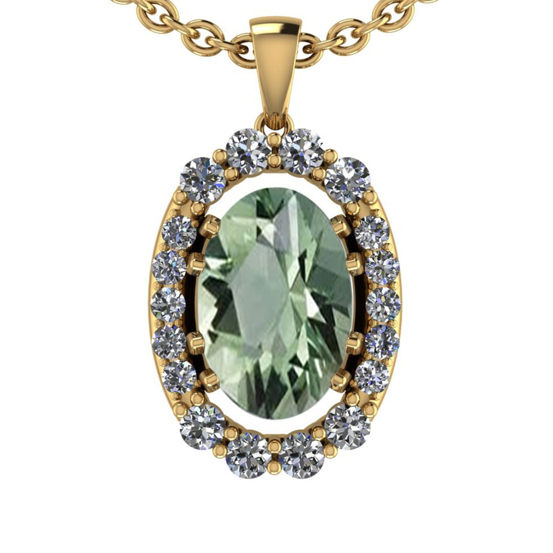 26.05 Ctw I2/I3 Green Amethyst And Diamond 10K Yellow Gold Pendant: Center Stone Weight : 23.05 Ctw (Oval Cut ) Center Stone Color : Green Amethyst Center Stone Setting : Prong Side Stone Weight Of Ctw 3.00 Ctw Side Stone Color : J-K Stone Clarity : I2/I3 Stone Settin