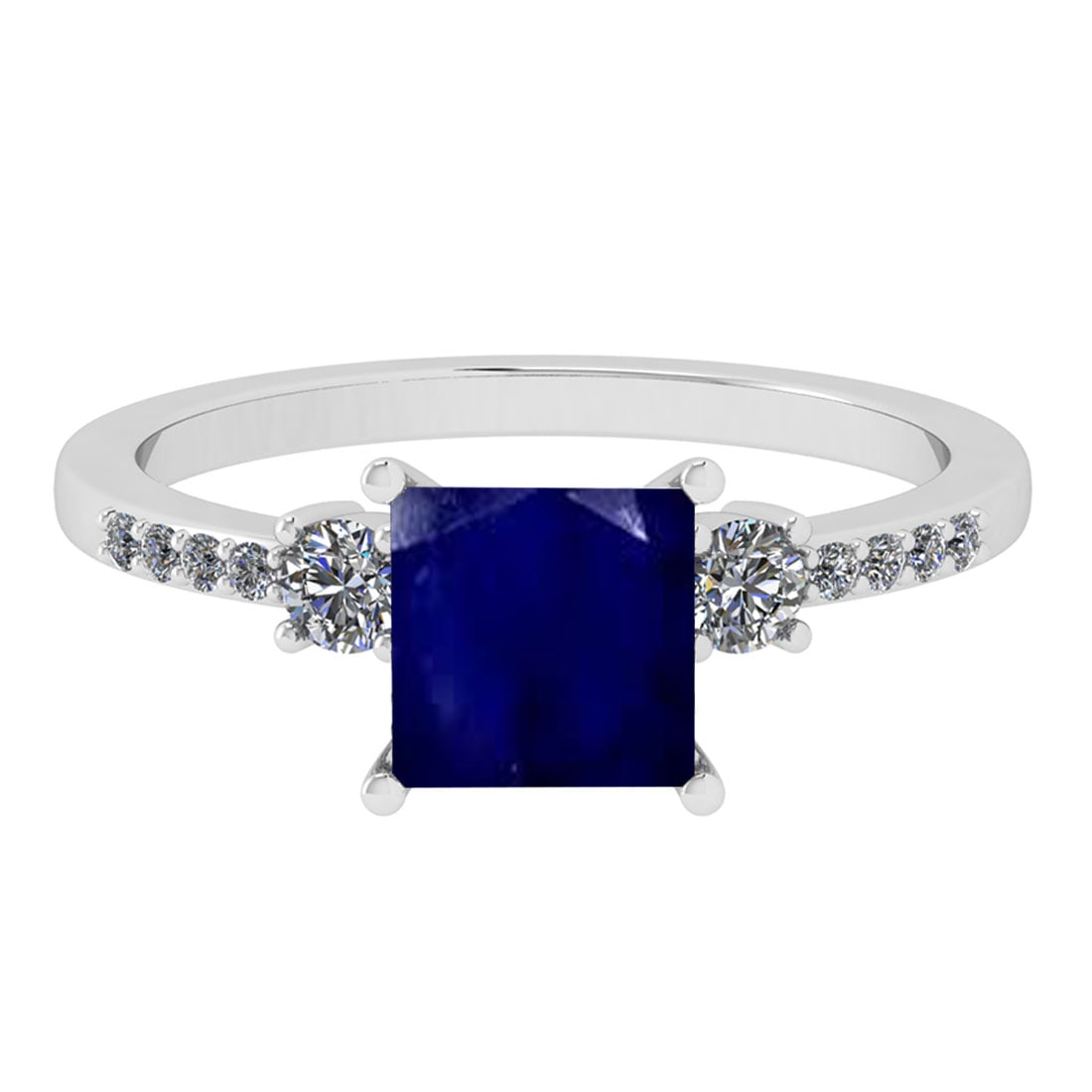 1.53 Ctw VS/SI1 Blue Sapphire And Diamond 14K White Gold Cocktail Ring: Center Stone Weight : 1.25 Ctw ( Princess Cut ) Center Stone Color : Blue Sapphire Stone Setting : Prong Side Diamond Weight Of Ctw 0.28 Ctw Side Stone Color : J-K Stone Clarity : VS/SI1 Stone