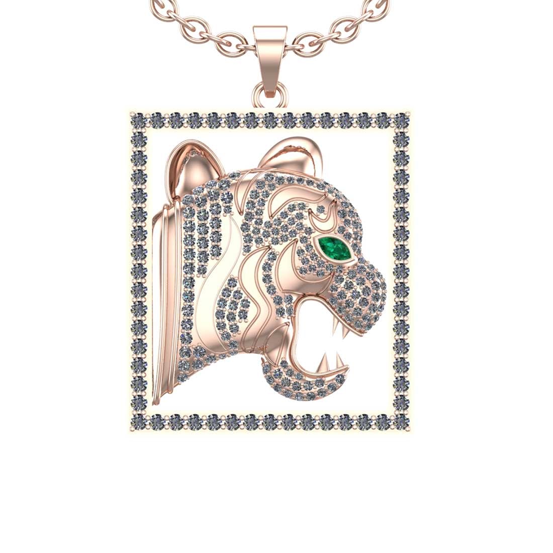 3.58 Ctw SI2/I1 Diamond 14k Rose Gold Lion Pendant Necklace: Eye stone weight 0.10 eye stone color :- Emerlad Total Diamond Weight : 3.48 Ctw (Round cut) Center Diamond Color :- j-k Center Clarity : SI2/I1 Stone Setting : Prong Metal Weight : Approx 13.90 Gram 