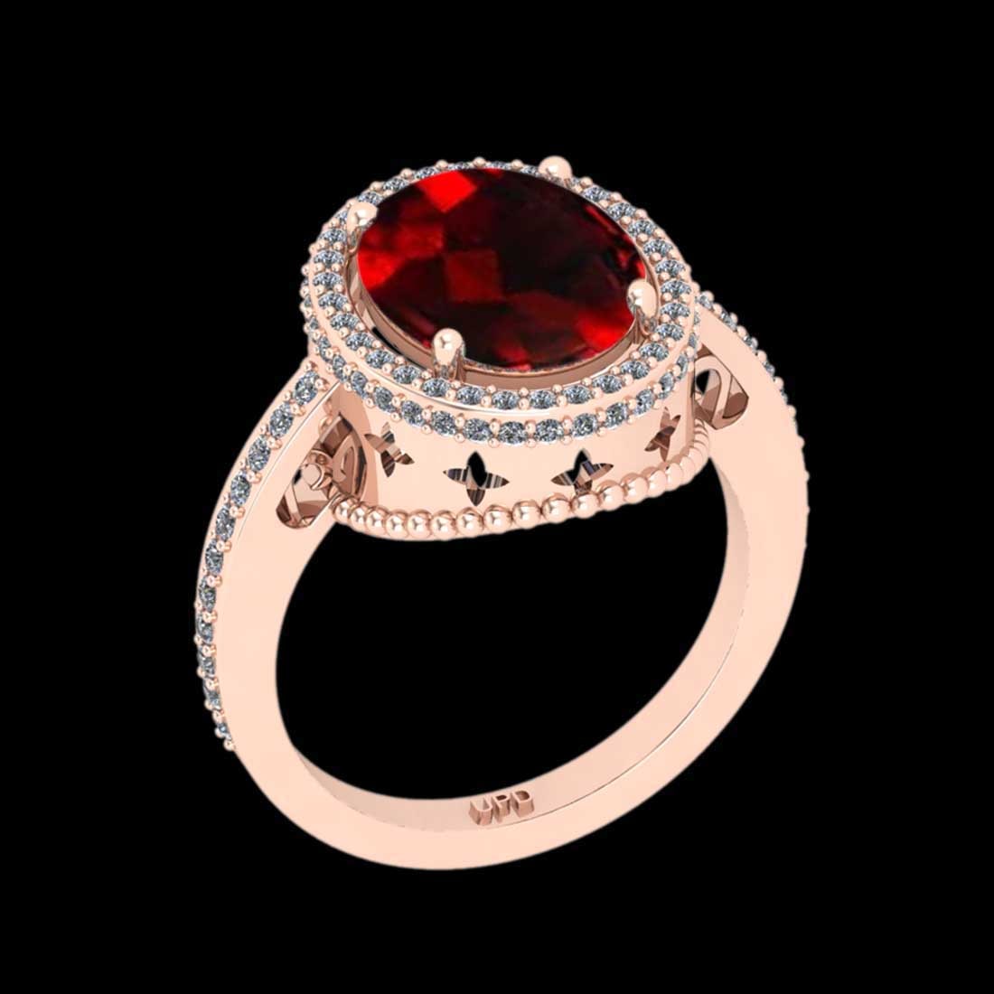 4.02 Ctw VS/SI1 Spessartite Garnet and Diamond 14K Rose Gold Engagement Rin: Center Stone Weight : 3.50 Ctw ( Oval Cut) Center stone Color :-Spessartite Garnet Center Stone Setting : Prong Side Stone Weight Of Ctw 0.52 Ctw Side Stone Color : J-K Stone Clarity : VS/SI1 Stone