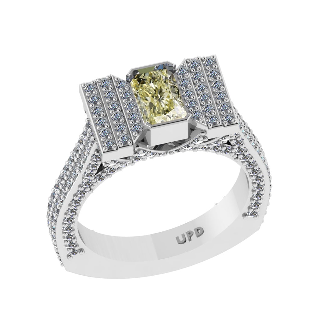 2.31 ctw GIA Certified Fancy Brown Yellow and white Diamond 14K White Gold: Center Diamond Weight :-0.73 Ctw (Rectangular Cut) GIA Certified Center Color :-Fancy Brown Yellow Clarity : VVS2 Stone Setting : Prong Side Stone Weight Of Ctw 1.58 ctw Side Stone Color : J-K Stone C