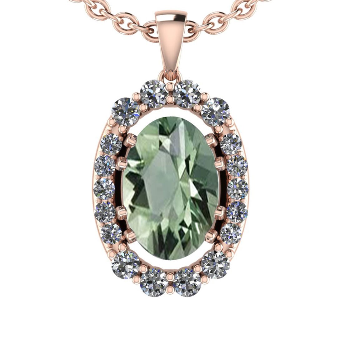 26.05 Ctw I2/I3 Green Amethyst And Diamond 10K Rose Gold Pendant: Center Stone Weight : 23.05 Ctw (Oval Cut ) Center Stone Color : Green Amethyst Center Stone Setting : Prong Side Stone Weight Of Ctw 3.00 Ctw Side Stone Color : J-K Stone Clarity : I2/I3 Stone Settin