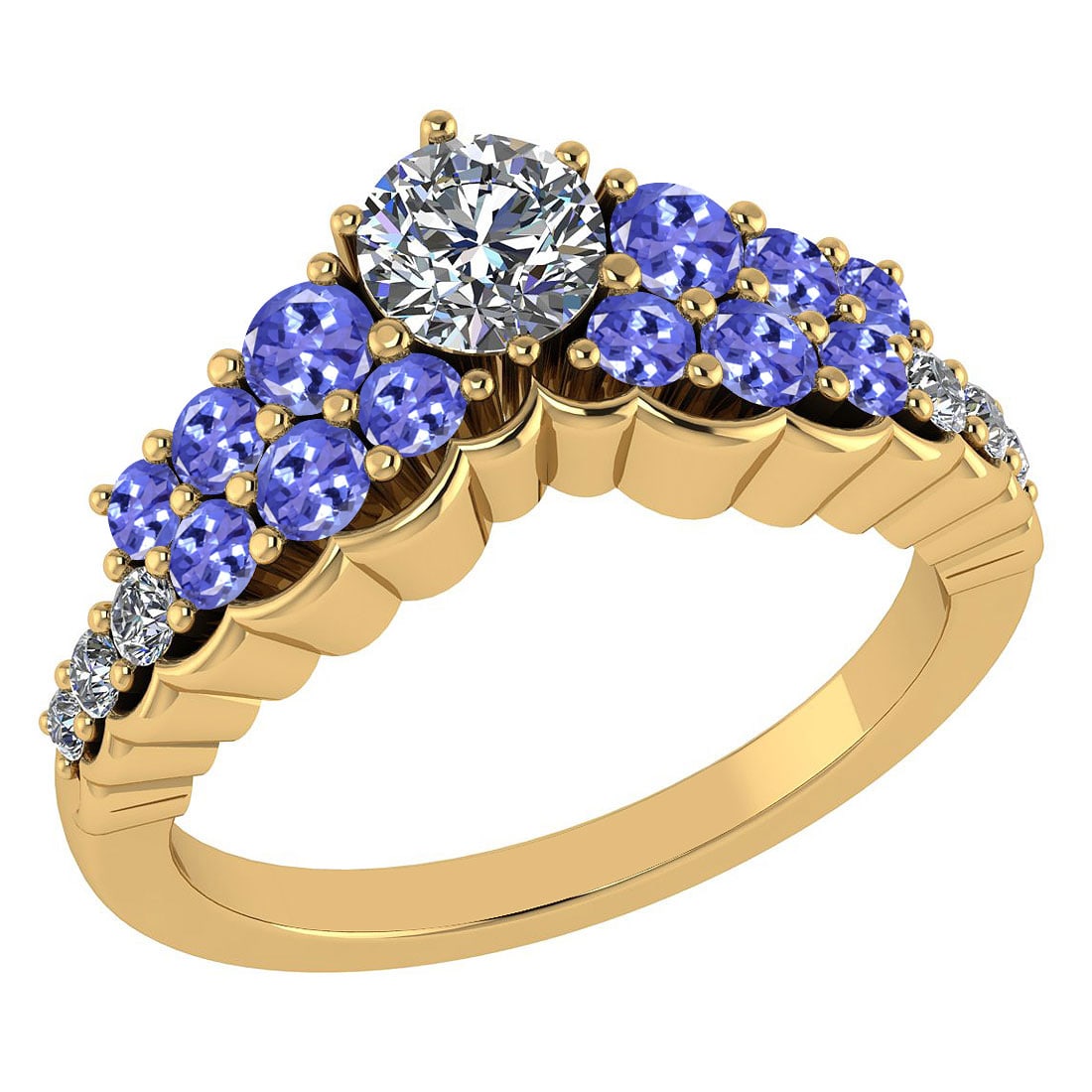 Certified 1.35 Ctw I2/I3 Tanzanite And Diamond 14K Yellow Gold Vintage Styl: Center Approx Weight: 0.50 Ctw (Round Cut) Center Color: J-K Center Stone Clarity: I2/I3 Stone Setting: Prong Side Stone 0.71 Ctw Side Stone Color: Tanzanite Side Stone 0.14 Ctw Side Stone Color: J-K 