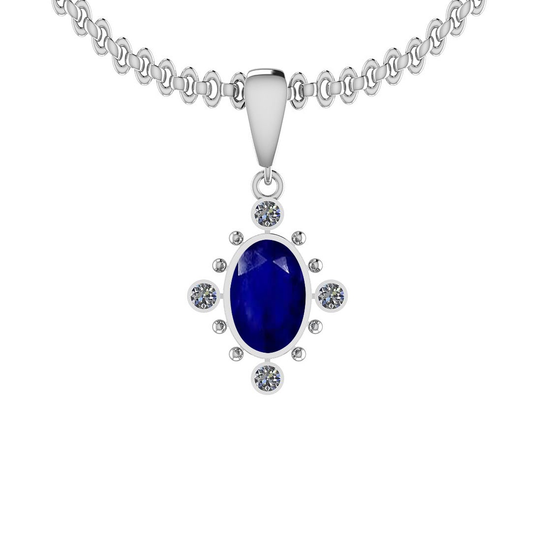4.68 Ctw SI2/I1 Blue Sapphire And Diamond 14K White Gold Necklace: Center Stone Weight : 4.40 Ctw (Oval cut) Center Stone Color :-Blue Sapphire Stone Setting : Bezel Side Stone Weight Of Ctw 0.28 Ctw Side Stone Color : J-K Stone Clarity : SI2/I1 Stone Setting : Bezel