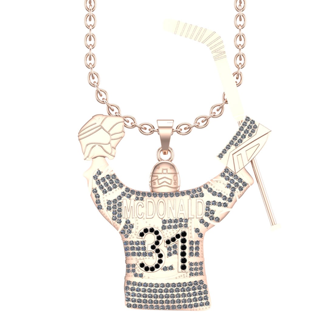 3.46 Ctw Treated Fancy Black Diamond 14K Rose Gold Hockey theme Pendant Nec: Center Diamond Weight : 0.22 Ctw (Round Cut) Center Color :-Treated Fancy Black Diamond Clarity : I2/I3 Setting : Prong Side Weight Of Ctw 3.24 Ctw Color : J-K Clarity : I2/I3 Stone Setting : Prong Me