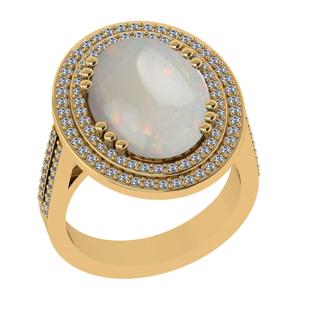 7.87 Ctw SI2/I1 Opal And Diamond 14K Yellow Gold Engagement Ring: Center Stone Weight : 7.18 Ctw ( Oval Cab ) Center Stone Color : Opal Stone Setting : Prong Side Diamond Weight Of Ctw 0.69 Ctw Side Stone Color : J-K Stone Clarity : SI2/I1 Stone Setting : Prong Meta