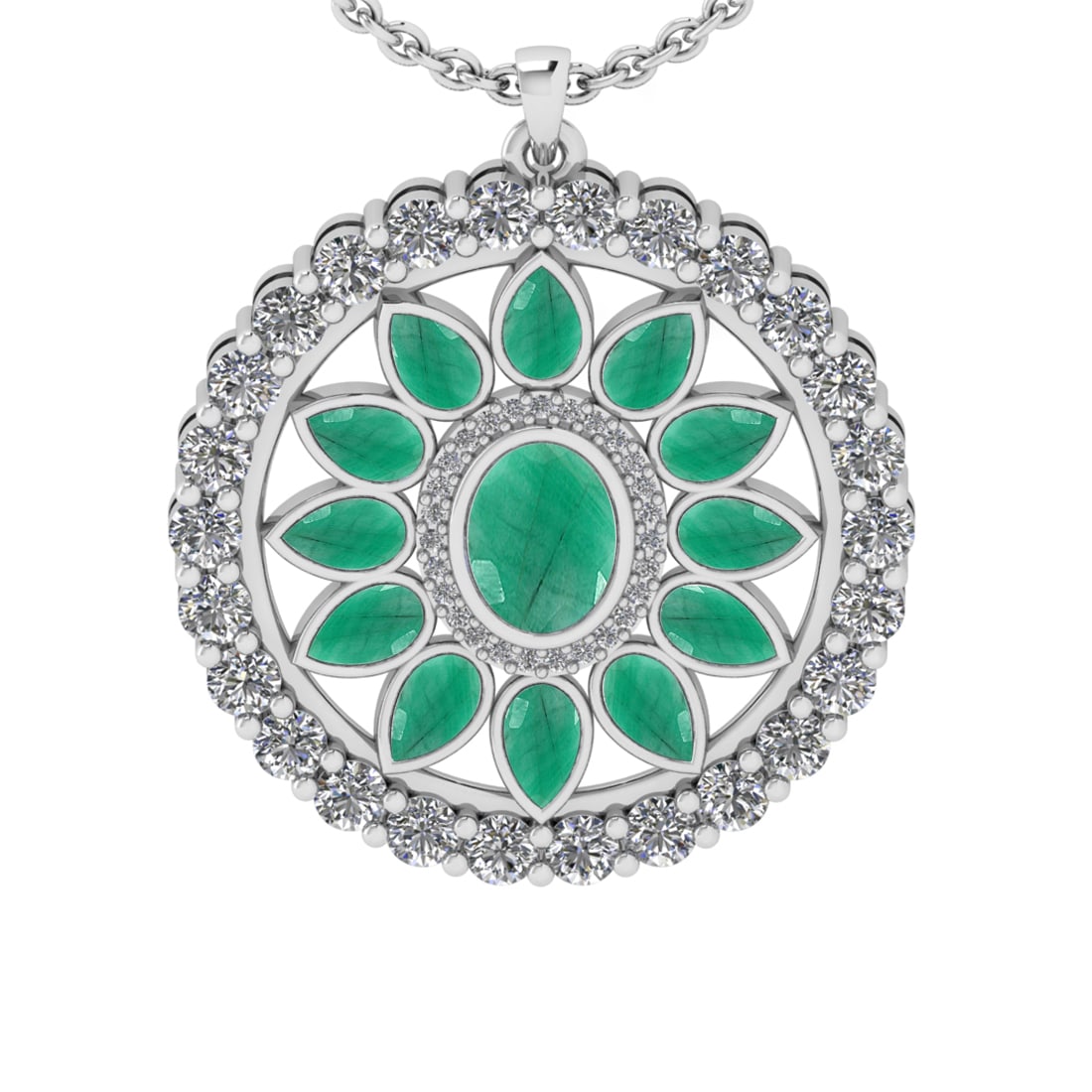 6.95 Ctw SI2/I1 Emerald and Diamond 14K White Gold Pendant Necklace: Center stone Weight :- 4.25 Ctw ( Oval & Pear Cut) Color :- Emerald Center Stone Setting : Prong Side Diamond Weight Of Ctw 2.70 Ctw Color : J-K Clarity : SI2/I1 Stone Setting : Prong Metal Weight : A