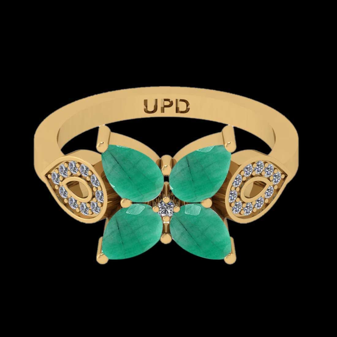 2.13 Ctw VS/SI1 Emerald And Diamond Prong Set 14K Yellow Gold Vintage Style: Center Stone Weight : 2.00 Ctw ( Pear Cut) Center stone Color :- Emerald Center Stone Setting : Prong Side Stone Weight Of Ctw 0.13 Ctw Side Stone Color : J-K Stone Clarity :VS/SI1 Stone Setting : Pro