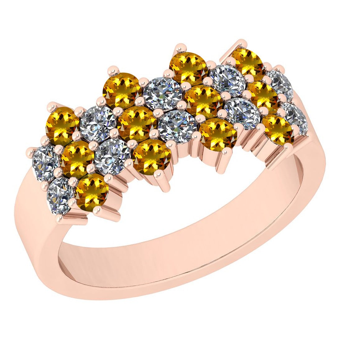 Certified 1.51 Ctw I2/I3 Yellow Sapphire And Diamond 10K Rose Gold Band Rin: Center Stone Approx Weight: 0.82 Ctw (Round Cut) Center Stone Color: Yellow Sapphire Center Setting: Prong Side Stone 0.69 ctw Side Stone Color: J-K Side Stone Setting: Prong Side Stone Clarity: I2/I3