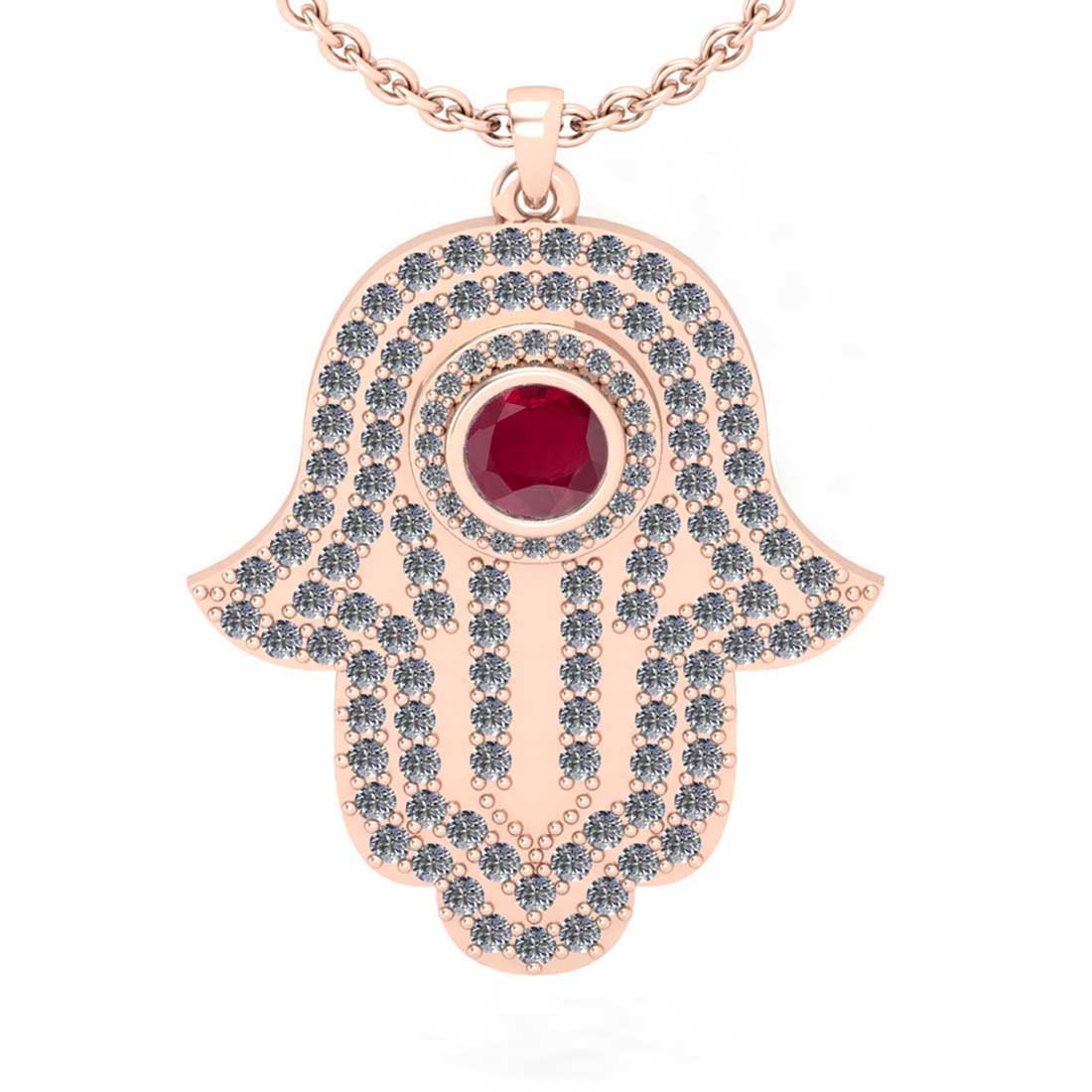 1.97 Ctw SI2/I1 Ruby and Diamond 14K Rose Gold Pendant Necklace: Center Stone Weight : 0.50 Ctw ( Round Cut) Center Stone Color :-Ruby Setting : Prong Side Diamond Weight Of Ctw 1.47 Ctw Color : J-K Clarity : SI2/I1 Stone Setting : Prong Metal Weight : Approx 7.90 