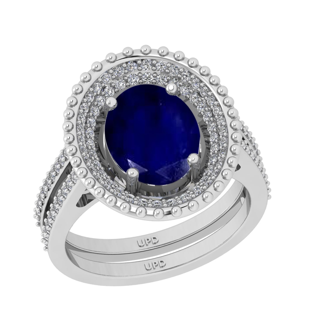 3.04 Ctw I2/I3 Blue Sapphire And Diamond 14K White Gold Engagement Ring: Center Stone Weight : 2.50 Ctw ( Oval Cut ) Center Stone Color : Blue Sapphire Stone Setting : Prong Side Diamond Weight Of Ctw 0.54 Ctw Side Stone Color : J-K Stone Clarity : SI2/I1 Stone Setting : P