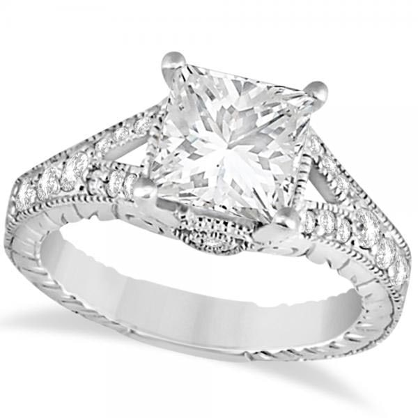 Antique style Princess Cut Diamond Engagement Ring 14K White Gold 1.33ctw: CENTER STONE; Diamond (1.00 CTW) CENTER STONE CLARITY; SI1-SI2 CENTER STONE COLOR; J-K CENTER STONE SETTING; Prong SIDE STONE CLARITY; SI1-SI2 SIDE STONE COLOR; J-K SIDE STONE SETTING; Pave ctw OF SID