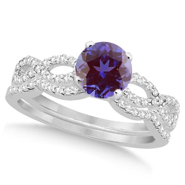 Infinity Style Alexandrite and Diamond Bridal Set 14k White Gold 1.29ctw: CENTER STONE; Alexandrite CENTER STONE CLARITY; Eye Clean CENTER STONE COLOR; Purple CENTER STONE SETTING; Prong SIDE STONE CLARITY; SI1-SI2 SIDE STONE COLOR; J-K SIDE STONE SETTING; Pave ctw OF SIDE 