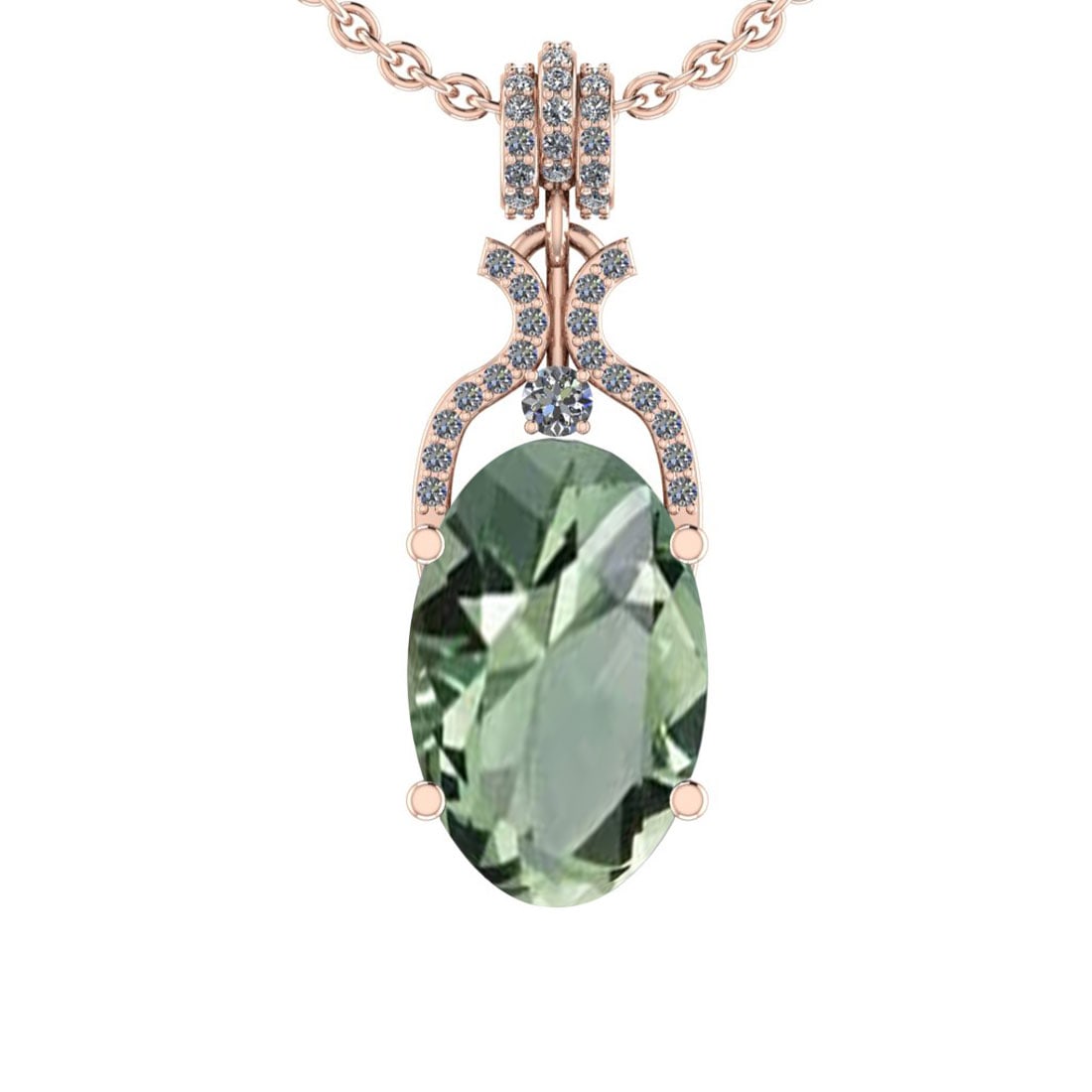 23.98 Ctw I2/I3 Green Amethyst And Diamond 10K Rose Gold Pendant: Center Stone Weight : 23.05 Ctw (Oval Cut ) Center Stone Color : Green Amethyst Center Stone Setting : Prong Side Stone Weight Of Ctw 0.93 Ctw Side Stone Color : J-K Stone Clarity : I2/I3 Stone Settin