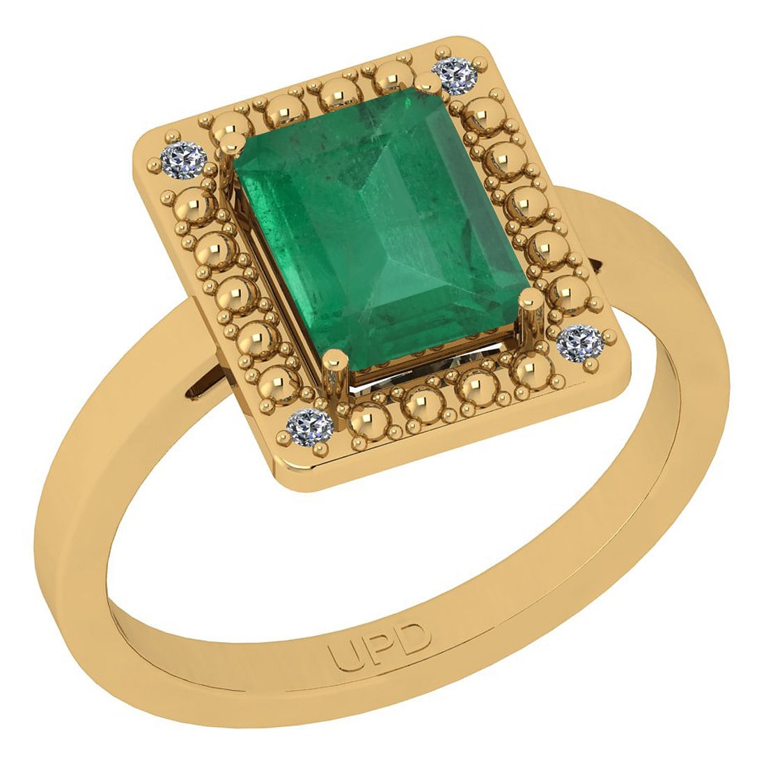 2.21 Ctw SI2/I1 Emerlad And Diamond 14K Yellow Gold Ring: Center Stone Weight : 2.17 Ctw (Emerlad Octo) Center Stone Color :-Emerlad Center Stone Setting : Prong Side Stone Weight Of Ctw 0.04 Ctw Side Stone Color : J-K Stone Clarity : SI2/I1 Stone Setting : 