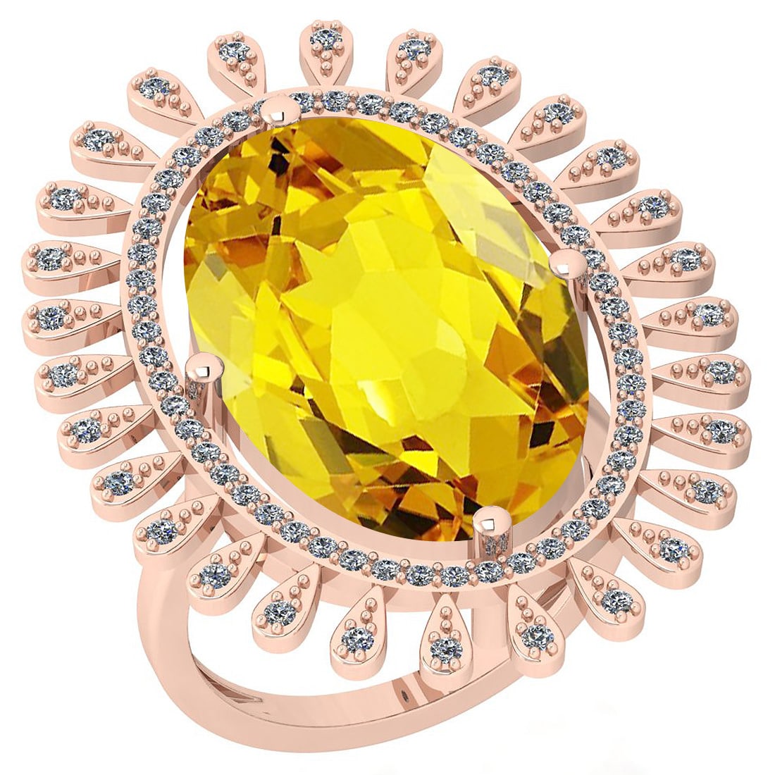 21.83 Ctw I2/I3 Lemon Topaz And Diamond 14k Rose Gold Engagement Halo Ring: Center Stone Weight : 21.30 Ctw (1 Psc Oval Cut ) Center Stone Color : Lemon Topaz Center Stone Setting : Prong Side Stone Weight Of Ctw 0.53 Ctw Side Stone Color : J-K Stone Clarity : I2/I3 Stone Set