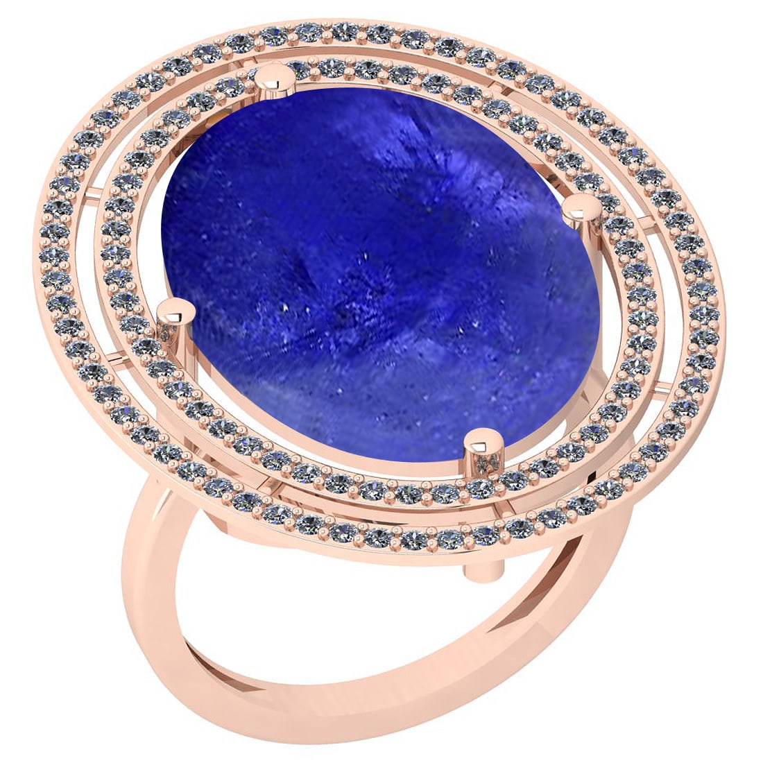 18.92 Ctw SI2/I1 Tanzanite And Diamond 14K Rose Gold Vintage Style Ring: Color Stone Weight : 18.25 Ctw ( Oval Cab ) Center Stone Color :-Tanzanite Center Stone Setting : Prong Side Stone Weight Of Ctw 0.67 Ctw Side Stone Color : J-K Stone Clarity : SI2/I1 Stone Setting : 