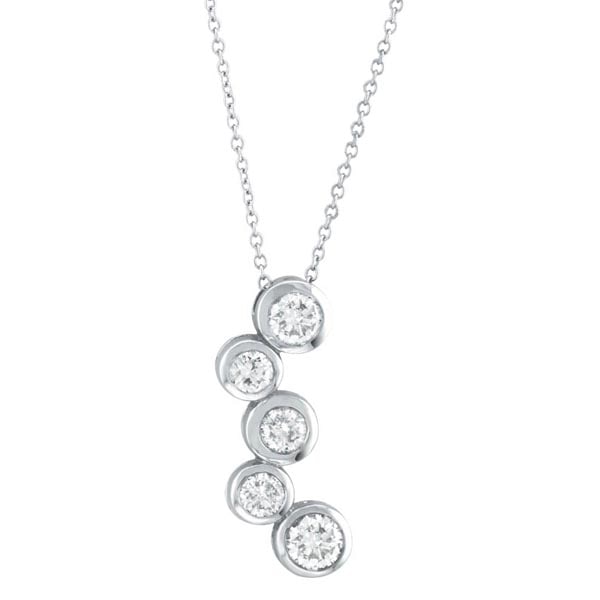 Bezel Set Five-Stone Diamond Pendant in 14k White Gold (1.10ctw): METAL TYPE: 14k White Gold ;TOTAL CARAT WEIGHT: 1.1 ;NAME OF CENTER STONE: Diamond ;CENTER STONE SHAPE: Round ;CENTER STONE CLARITY: SI ;CENTER STONE COLOR: G-h ;CENTER STONE SETTING: Bezel ;CENTER ST