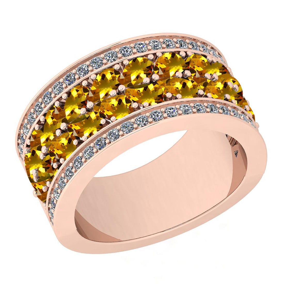 Certified 5.12 Ctw I2/I3 Yellow Sapphire And Diamond 10K Rose Gold Band Rin: Center Stone Approx Weight: 4.62 Ctw (Pear Cut) Center Stone Color: Yellow Sapphire Center Setting: Prong Side Stone 0.50 ctw Side Stone Color: J-K Side Stone Setting: Prong Side Stone Clarity: I2/I3