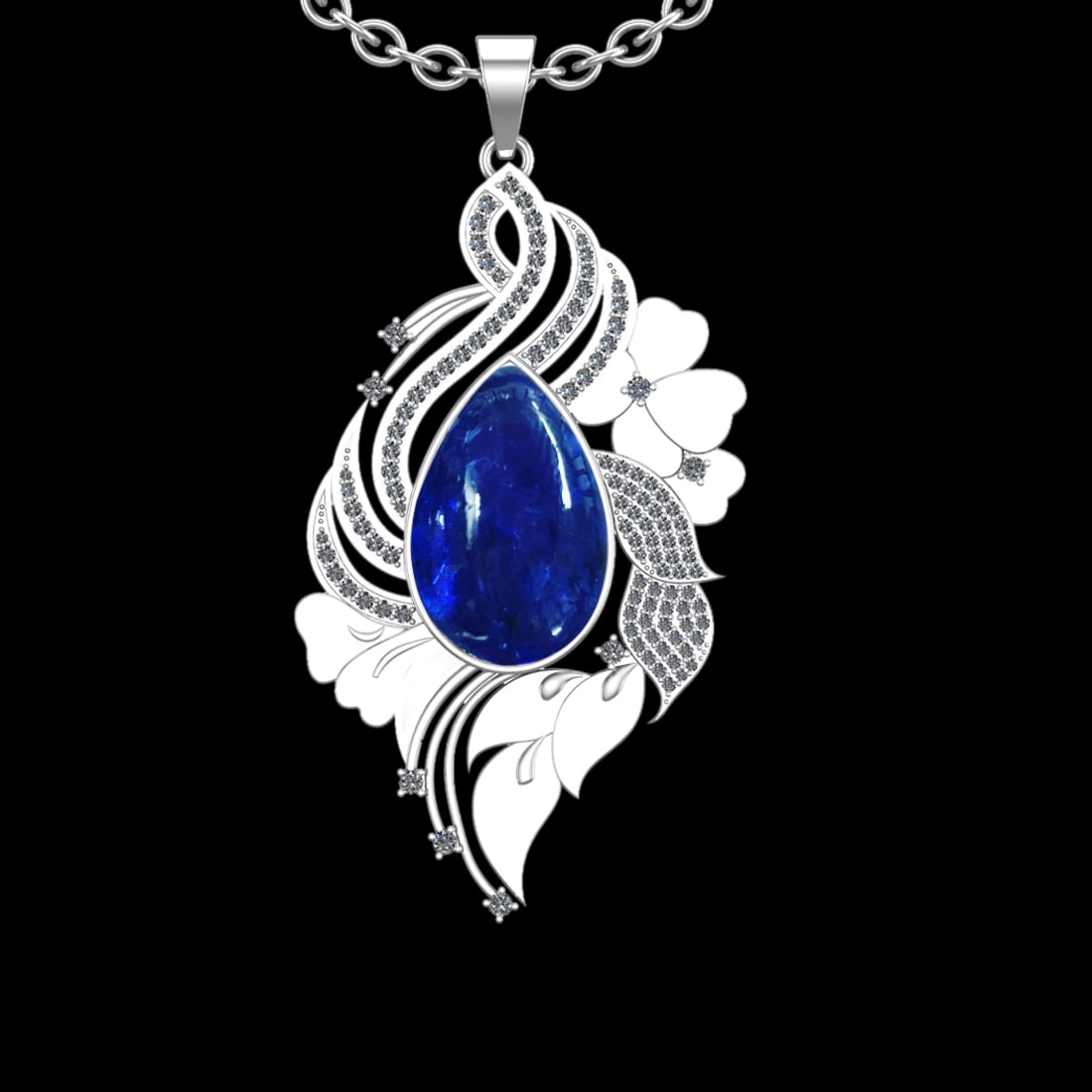 33.35 Ctw VS/SI1 Tanzanite and Diamond Prong Set 14K White Gold Pendant Nec: Center Stone Weight : 31.95 Ctw ( Pear Cab) Center Stone Color :-Tanzanite Setting : Prong Side Weight Of Ctw 1.40 Ctw Color : J-K Clarity : VS/SI1 Stone Setting : Prong Metal Weight : Approx 23.90