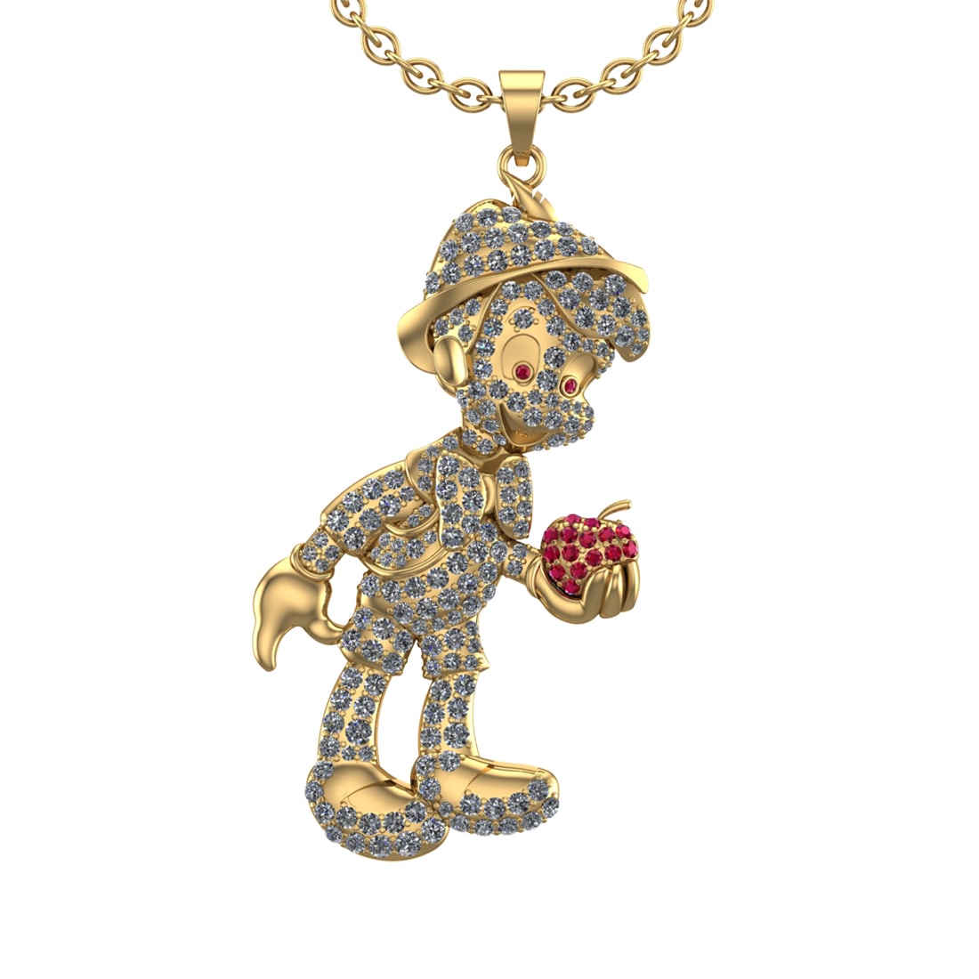 4.96 Ctw SI2/I1 Ruby and Diamond Style 14K Rose Gold Hip Hop theme Pendant: Color Stone Weight : 0.16 Ctw ( Round Cut) Center Stone Color : Ruby Setting : Prong Side Diamond Weight Of Ctw 4.80 Ctw Side Stone Color : J-K Stone Clarity : SI2/I1 Stone Setting : Prong Metal Weigh