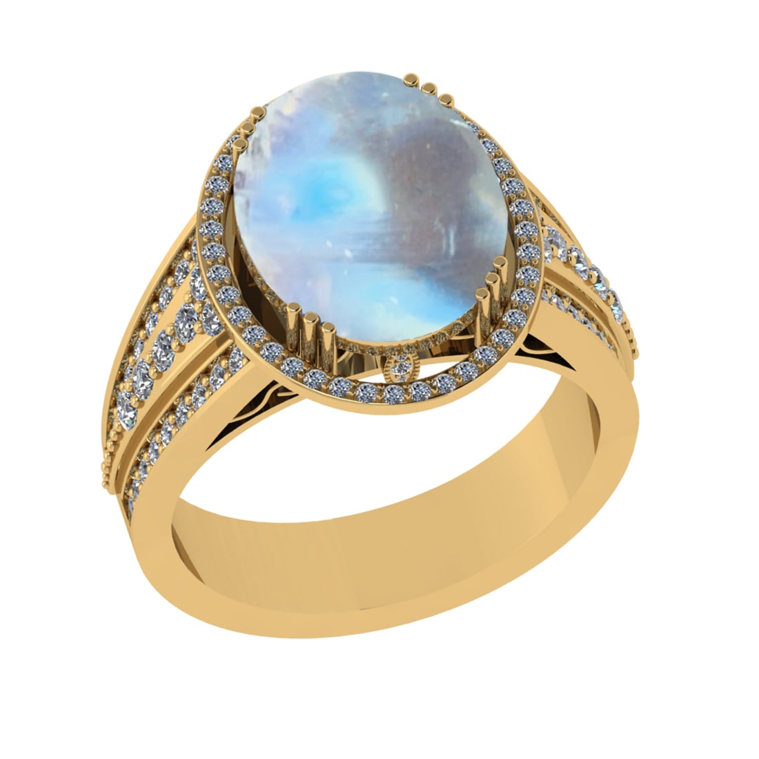 6.05 Ctw VS/SI1Rainbow and Diamond 14K Yellow Gold Engagement Ring: Color Stone Weight : 5.30 Ctw (Oval Cab) Stone Color :- Rainbow Center Stone Setting : Prong Side Weight Of Ctw 0.75 Ctw Color : J-K Clarity : VS/SI1 Stone Setting : Prong Metal Weight : Approx 7.40 g