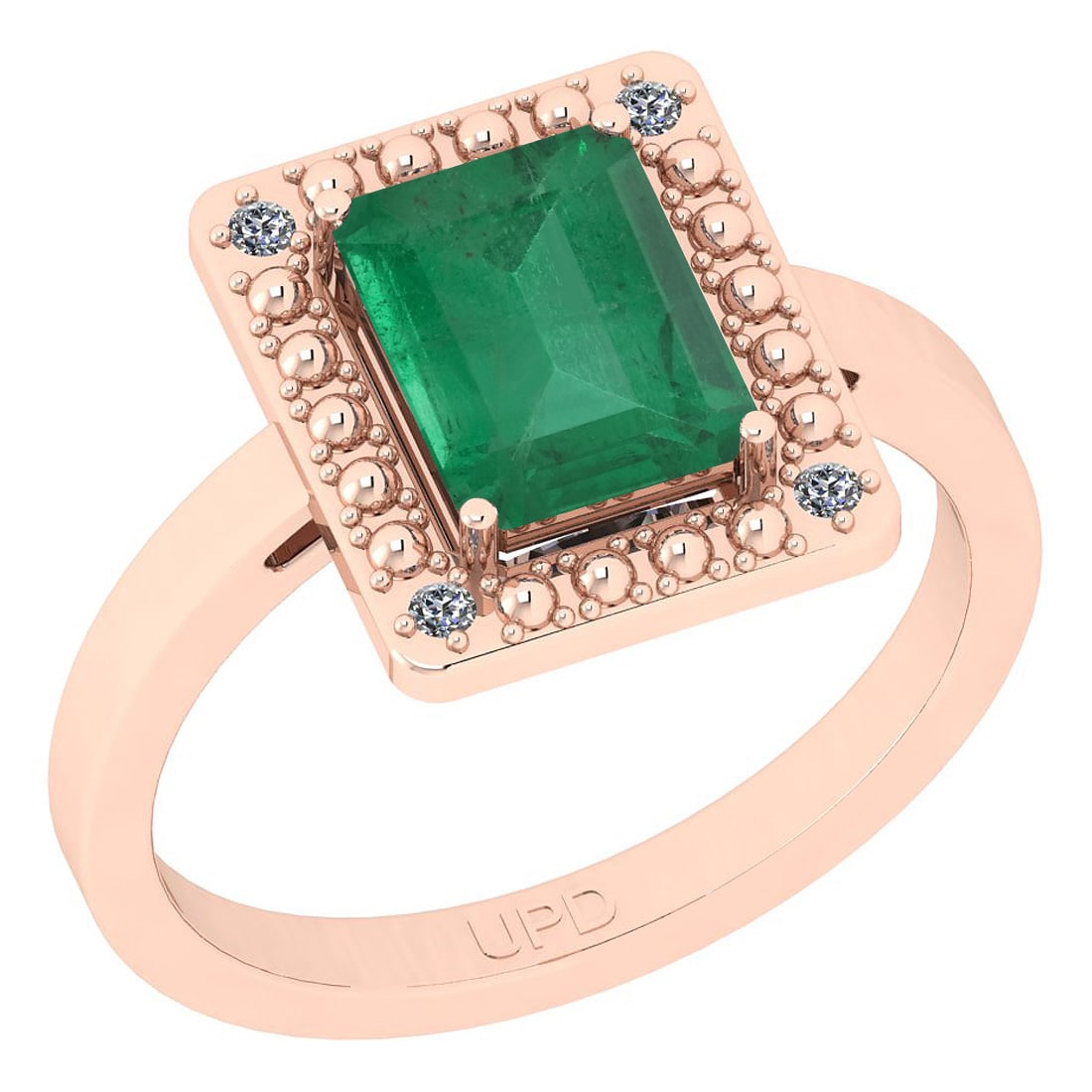 2.21 Ctw SI2/I1 Emerlad And Diamond 14K Rose Gold Ring: Center Stone Weight : 2.17 Ctw (Emerlad Octo) Center Stone Color :-Emerlad Center Stone Setting : Prong Side Stone Weight Of Ctw 0.04 Ctw Side Stone Color : J-K Stone Clarity : SI2/I1 Stone Setting : 