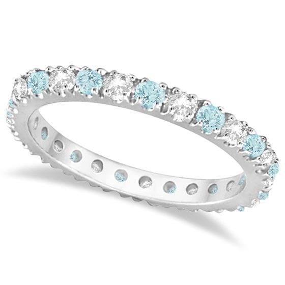 Diamond and Aquamarine Eternity Ring Stack Band 14K White Gold 0.51ctw: CENTER STONE; Aquamarine CENTER STONE CLARITY; CENTER STONE COLOR; Blue CENTER STONE SETTING; Prong SIDE STONE CLARITY; SI SIDE STONE COLOR; J-K SIDE STONE SETTING; Prong ctw OF SIDE STONE: 0.25 SIDE 