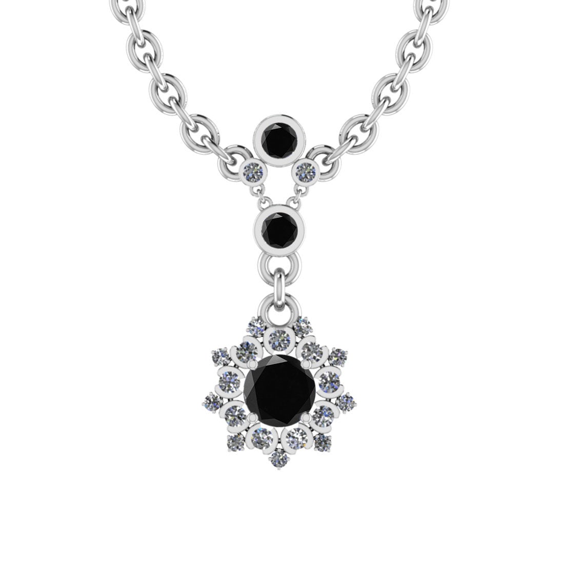 0.94 Ctw i2/i3 Treated fancy Black Diamond 14K White Gold Pendant Necklace: Center Stone Weight : 0.74 Ctw ( Round Cut ) Center Stone Color :- Treated fancy Black Diamond Center Clarity : I2/I3 Center Stone Setting : Prong Side Stone Weight Of Ctw 0.20 Ctw Side Stone Color :