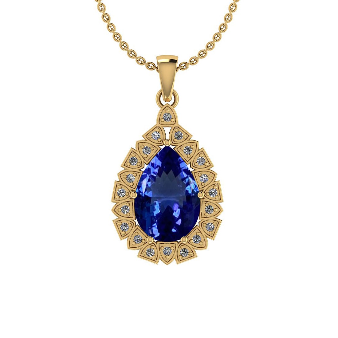 2.65 Ctw VS/SI1 Tanzanite And Diamond 18K Yellow Gold Pendant Necklace: Center Stone Weight : 2.55 Ctw (Pear Cut) Center Stone Color :-Tanzanite Center Stone Setting : Prong Side Stone Weight Of Ctw 0.10 Ctw Side Stone Color : G-H Stone Clarity : VS/SI1 Stone Setting : Pr