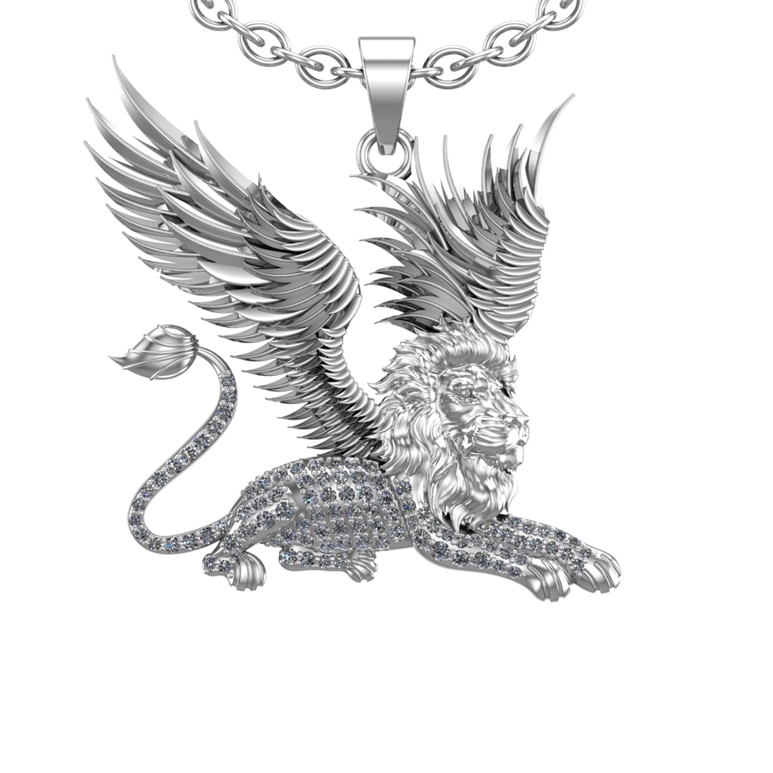 0.70 Ctw SI2/I1 Diamond 14k White Gold Animal theme Lion Pendant Necklace: Total Diamond Weight : 0.70 Ctw (Round cut) Center Diamond Color :- J-K Center Clarity : SI2/I1 Stone Setting : Prong Metal Weight : Approx 29.90 Gram 14k White Gold Animal theme Lion Pendant Necklace
