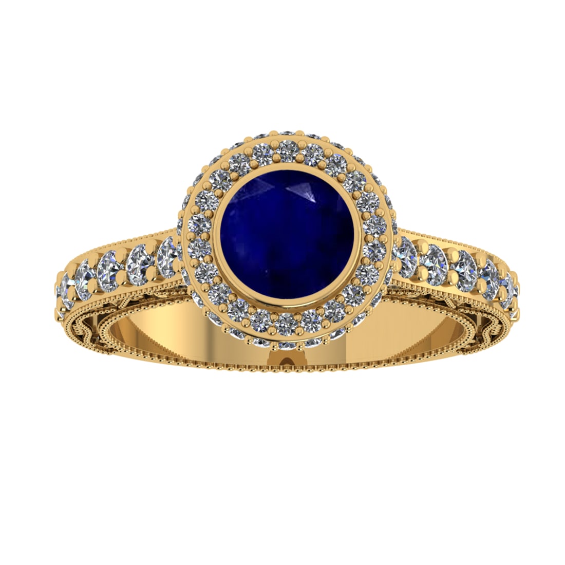 2.16 Ctw I2/I3 Blue Sapphire And Diamond 14K Yellow Gold Engagement Ring: Center Stone Weight 0.90 Ctw ( Round Cut ) Center Stone Color : Blue Sapphire Stone Setting : Prong Side Diamond Weight Of Ctw 1.26 Ctw Side Stone Color : J-K Stone Clarity : SI2/I1 Stone Setting : Pr