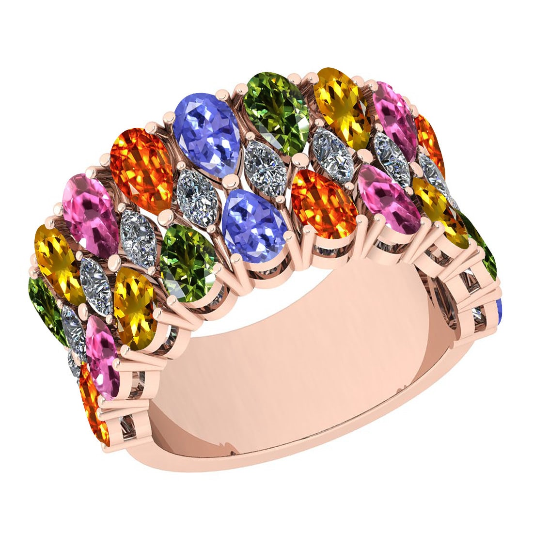 Certified 6.10 Ctw I2/I3 Multi Sapphire, tanzanite And Diamond 10K Rose Gol: Multi Stone Approx Weight: 5.00 Ctw (Pear Cut) Multi Stone Color: Sapphire tanzanite Center Setting: Prong Side Stone 1.10 ctw Side Stone Color: J-K Side Stone Setting: Prong Side Stone Clarity: I2/I3