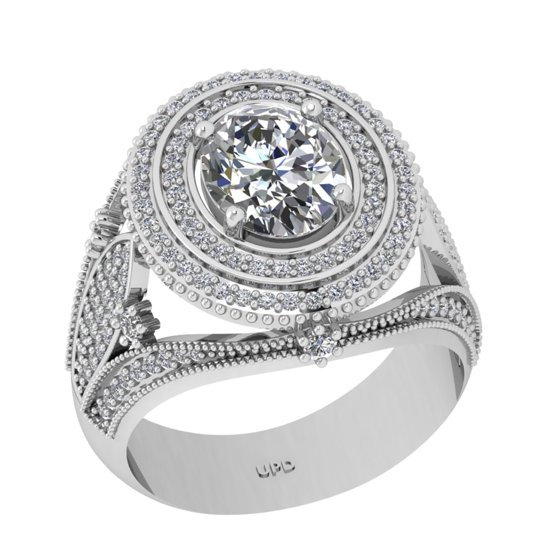 3.20 Ctw SI2/I1 Diamond 14K White Gold Engagement Halo Ring: Center Diamond Weight : 2.00 Ctw ( Oval Cut ) Center Diamond Color : J-K Clarity : SI2/I1 Stone Setting : Prong Side Diamond Weight Of Ctw 1.20 Ctw Side Stone Color : J-K Stone Clarity : SI2/I1 Stone 