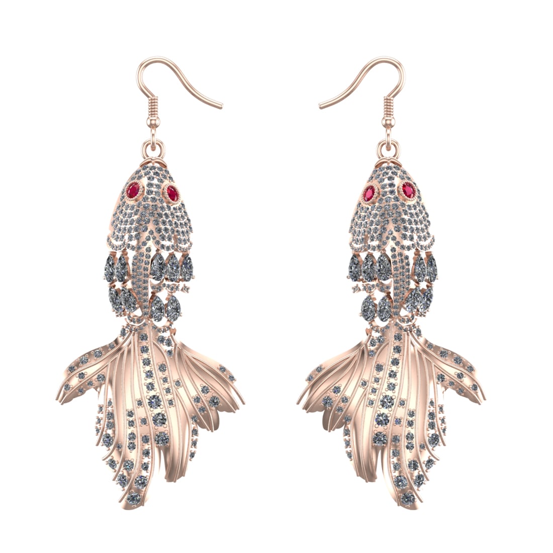 9.26 Ctw SI2/I1 Diamond 14K Rose Gold Fish Hook Earrings: Eye Stone Weight :- 0.40 ctw Eye stone Color :- Ruby Total Diamond Weight : 8.86 Ctw (Round & Pear Cut) Color :- J-K Clarity : SI2/I1 Setting : Prong Metal Weight : Approx 25.40 Gram 14K Rose Gold Fis
