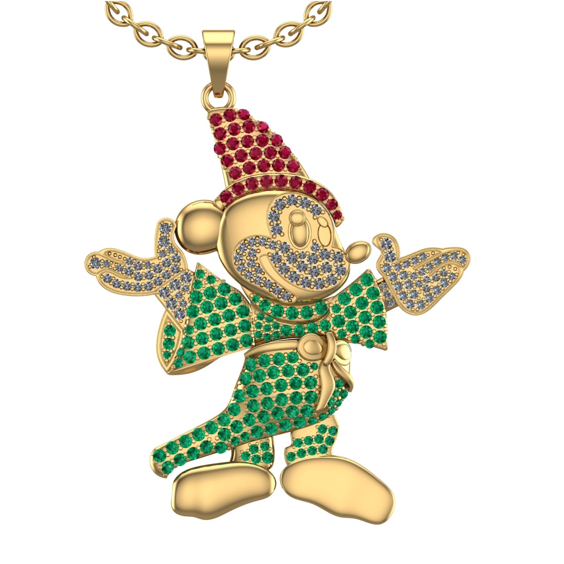 3.70 Ctw SI2/I1Ruby ,Emerald And Diamond 14K Yellow Gold Disney Mickey Mous: Center Stone Weight : 2.85 Ctw (Round Cut) Center Stone Color : Ruby ,Emerald Stone Setting : Prong Side Stone Weight Of Ctw 0.85 Ctw Side Stone Color : J-K Stone Clarity : SI2/I1 Stone Setting : Pron