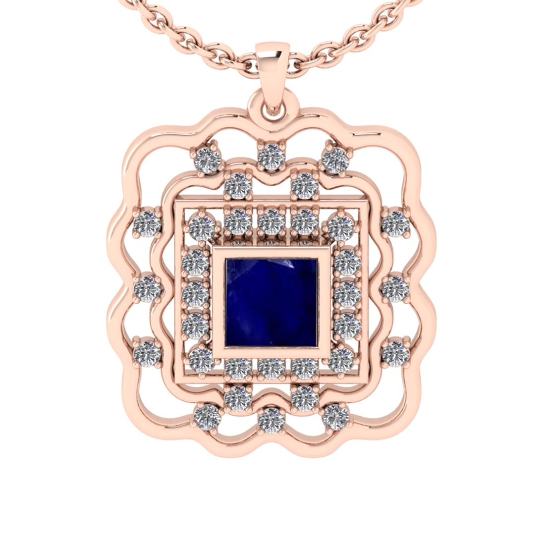 1.50 Ctw SI2/I1 Blue Sapphire and Diamond 14K Rose Gold Pendant Necklace: Center Diamond Weight :-: 1.25 Ctw ( Princess Cut) Color :- Blue Sapphire Center Stone Setting : Prong Side Diamond Weight Of Ctw 0.25 Ctw Color : J-K Clarity : SI2/I1 Stone Setting : Prong Metal Weig