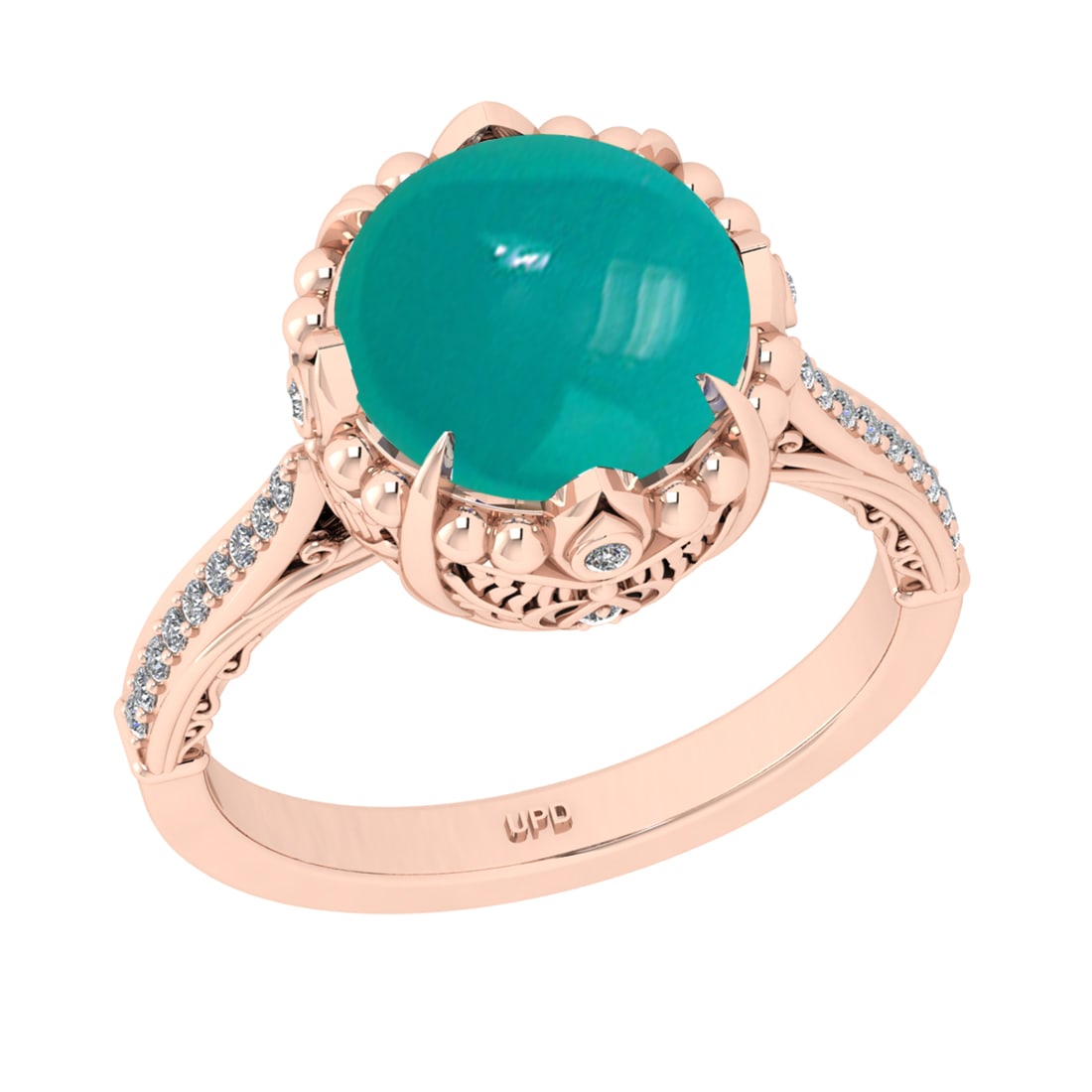 7.05 Ctw VS/SI1Emerald and Diamond 14K Rose Gold Engagement Ring: Color Stone Weight : 6.87 Ctw (Round Cab) Stone Color :- Emerald Center Stone Setting : Prong Side Weight Of Ctw 0.18 Ctw Color : J-K Clarity : VS/SI1 Stone Setting : Prong Metal Weight : Approx 7.40 