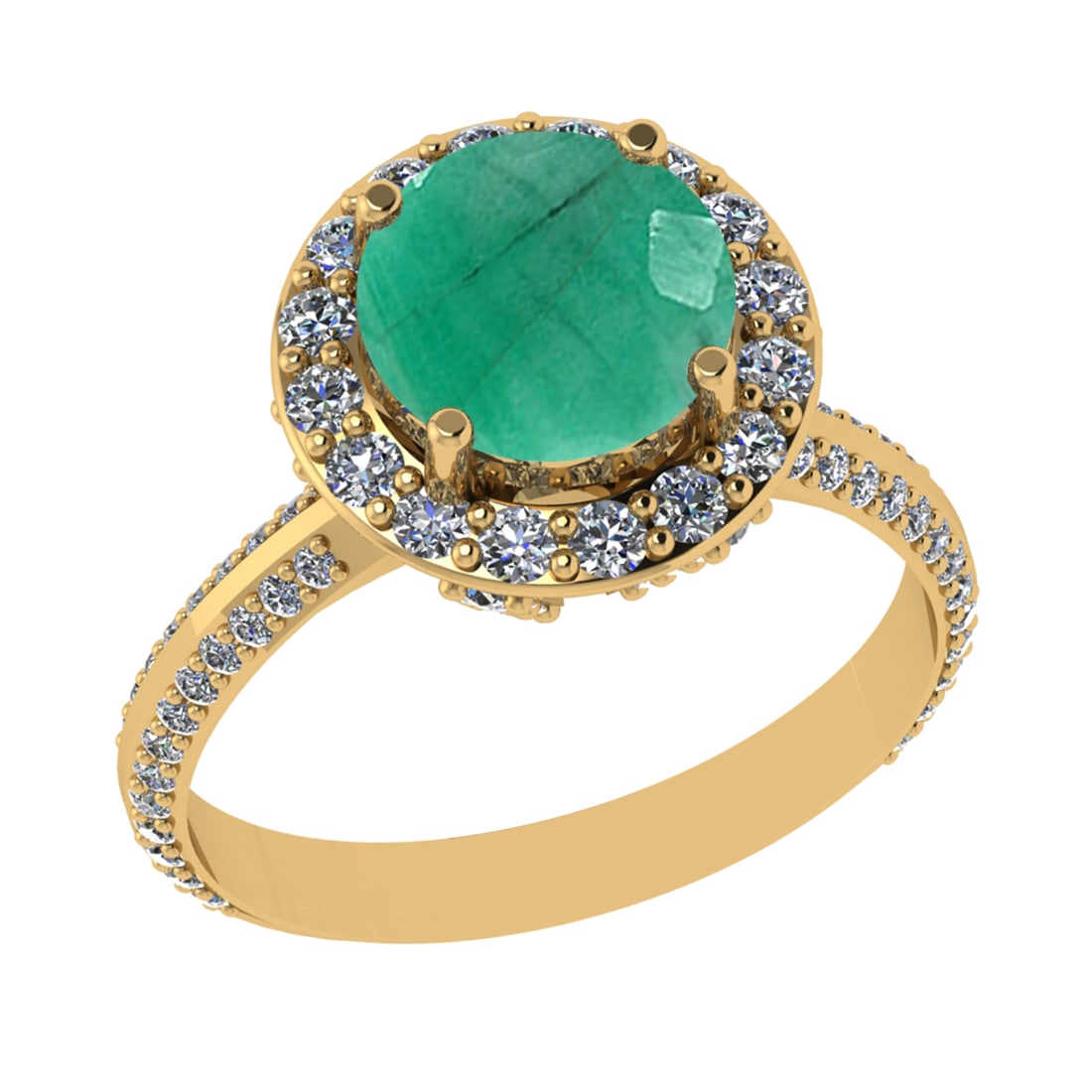 3.26 Ctw I2/I3 Emerald And Diamond 14K Yellow Gold Engagement Ring: Center Stone Weight : 2.00 Ctw ( round Cut ) Center Stone Color : Emerald Stone Setting : Prong Side Diamond Weight Of Ctw 1.26 Ctw Side Stone Color : J-K Stone Clarity : SI2/I1 Stone Setting : Prong 