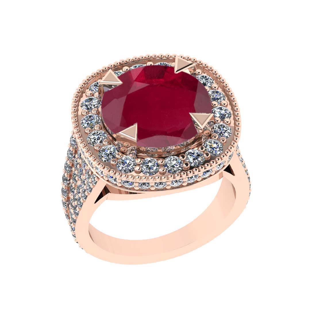 5.47 Ctw SI2/I1 Ruby and Diamond 14K Rose Gold Engagement Halo Ring: Center Stone Weight : 3.20 Ctw ( Round Cut) Center Stone Color :-Ruby Setting : Prong Side Diamond Weight Of Ctw 2.27 Ctw Color : J-K Clarity : SI2/I1 Stone Setting : Prong Metal Weight : Approx 8.90 